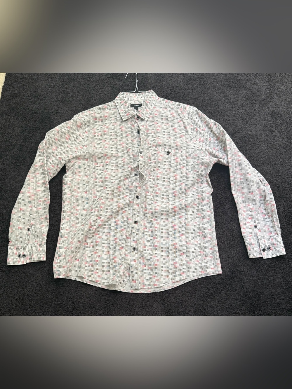 Alfani Men's Light Gray Button-Down Shirt with Pink & Blue Pixel Print